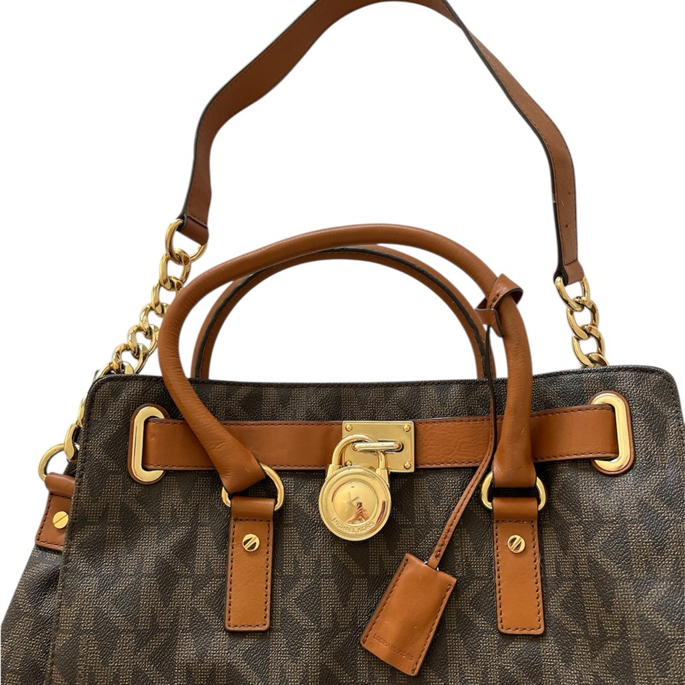 Michael Kors Brown Monogram Satchel with Tan Leather & Gold Hardware